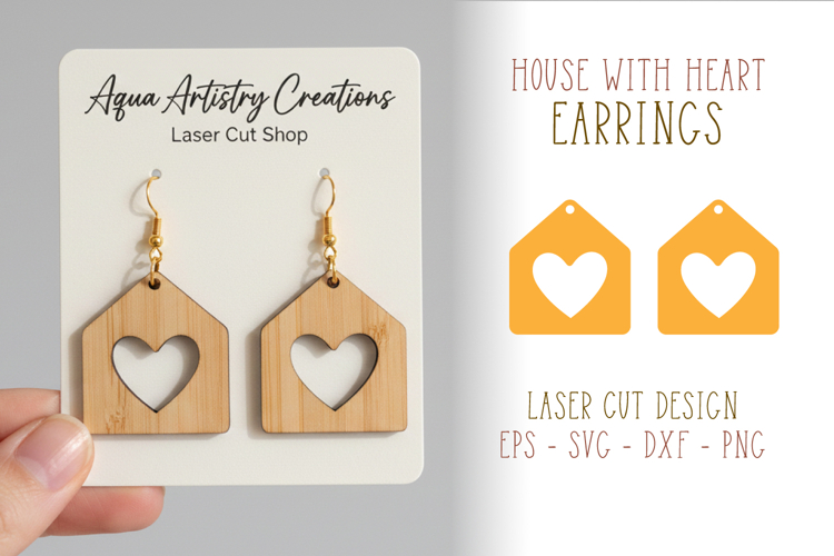 House with Heart Love Earrings Laser Cut Template