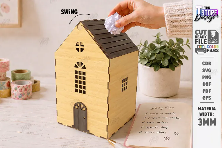 3D Mini House Paper Bin Laser Cut | Desktop Storage Box |CNC