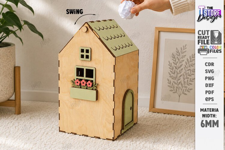 3D Mini House Paper Bin Laser Cut | Desktop Storage Box |CNC example image 1