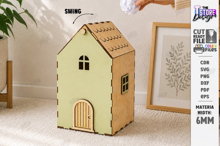 3D Mini House Paper Bin Laser Cut | Desktop Storage Box |CNC example image 1