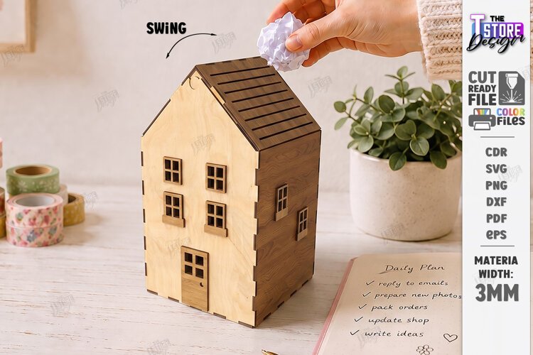 3D Mini House Paper Bin Laser Cut | Desktop Storage Box |CNC example image 1