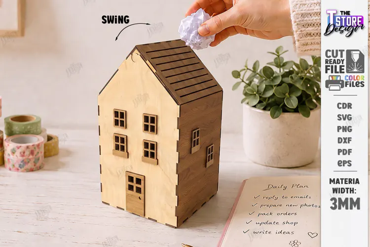3D Mini House Paper Bin Laser Cut | Desktop Storage Box |CNC