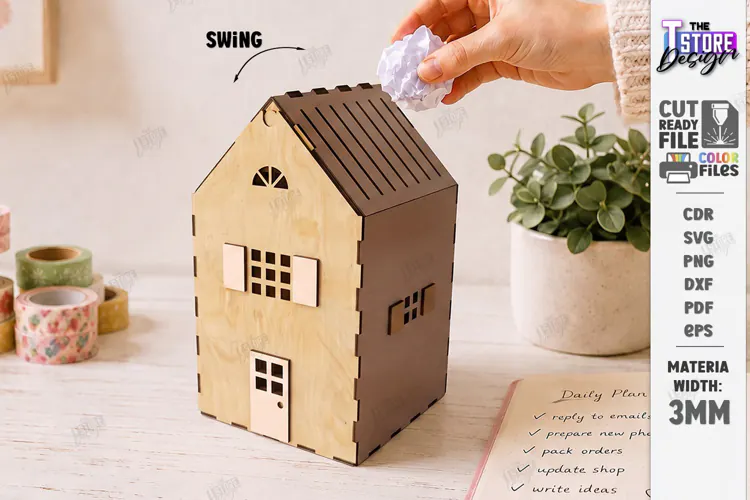 3D Mini House Paper Bin Laser Cut | Desktop Storage Box |CNC
