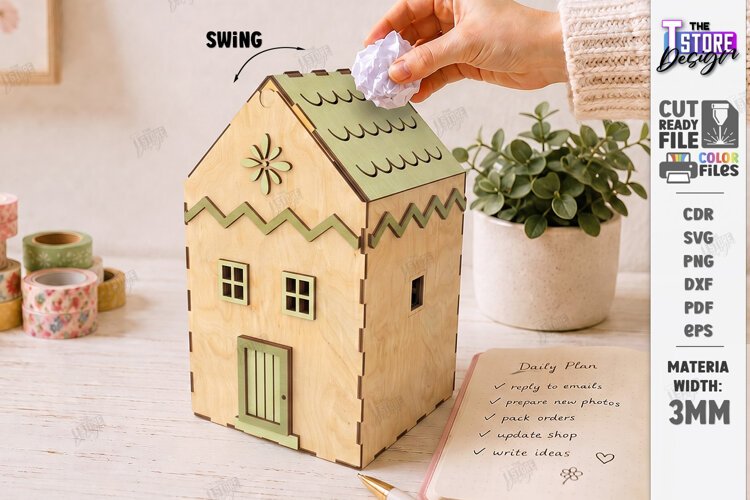 3D Mini House Paper Bin Laser Cut | Desktop Storage Box |CNC example image 1