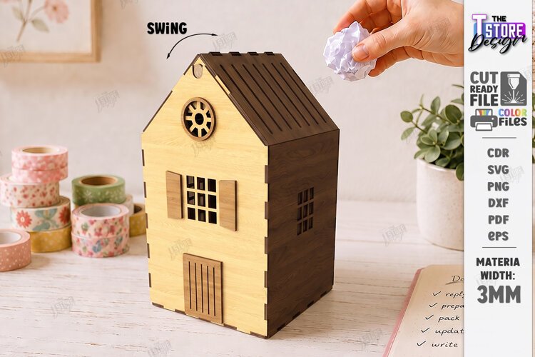 3D Mini House Paper Bin Laser Cut | Desktop Storage Box |CNC example image 1