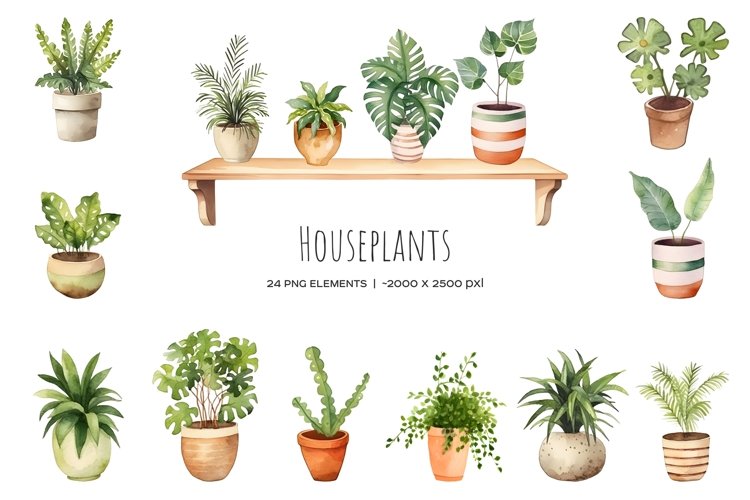 Watercolor 18 houseplants in pot. House plants clipart.