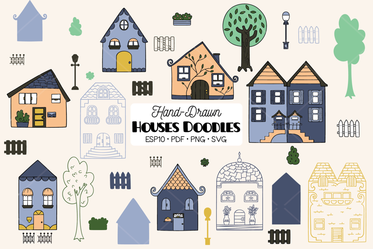 Houses Color Doodles, Home, City Building, Cottage, Tree