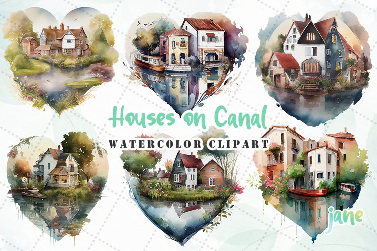Houses On Canal Heart Watercolor Sublimation Clipart