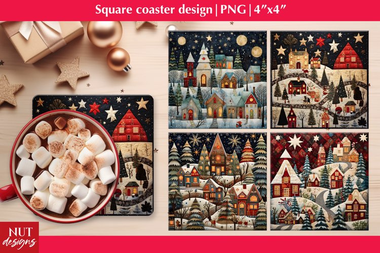 Christmas houses coaster sublimation, Patchwork Christmas
