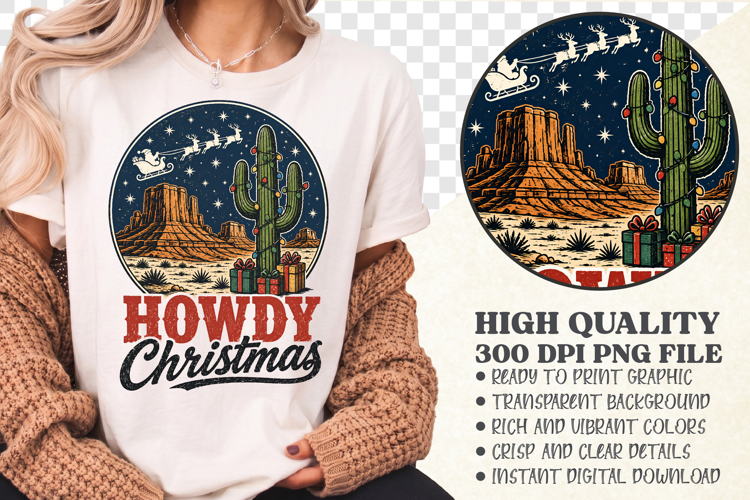 Howdy Christmas PNG,Vintage Western Cactus Holiday Shirt