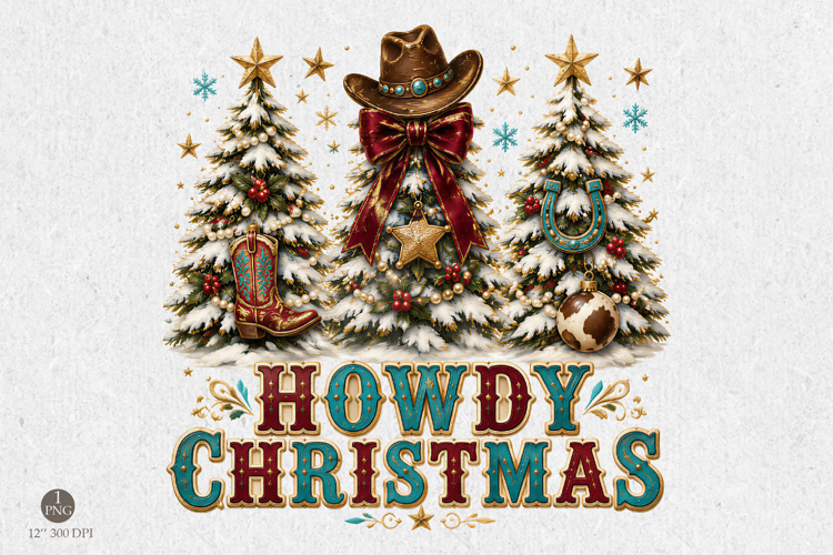 Howdy Christmas Png, Western Cowboy Holiday Tree Design