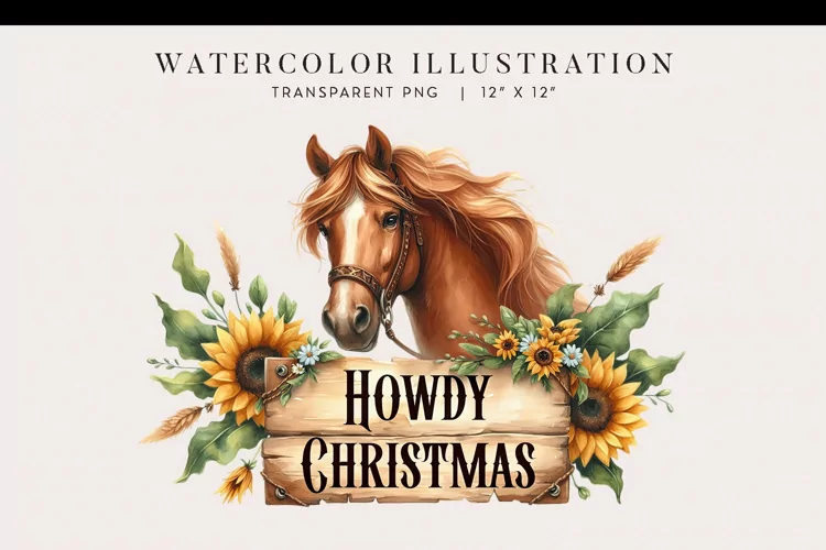 Howdy Christmas Watercolor Horse Clipart