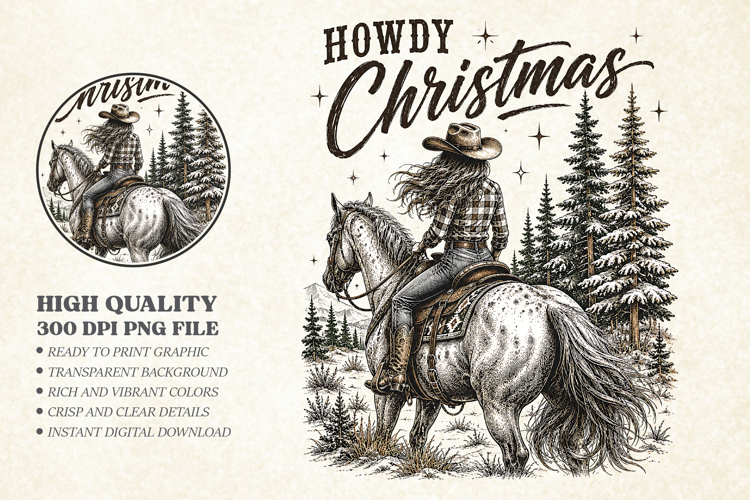 Howdy Christmas Western Cowgirl PNG, Retro Horse Design