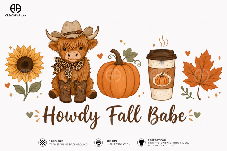 fall highland cow, highland cow png, autumn cow design, howdy fall png, cow sublimation png, western fall design, cute cow shirt png, farmhouse fall png, fall shirt design, cow lover autumn