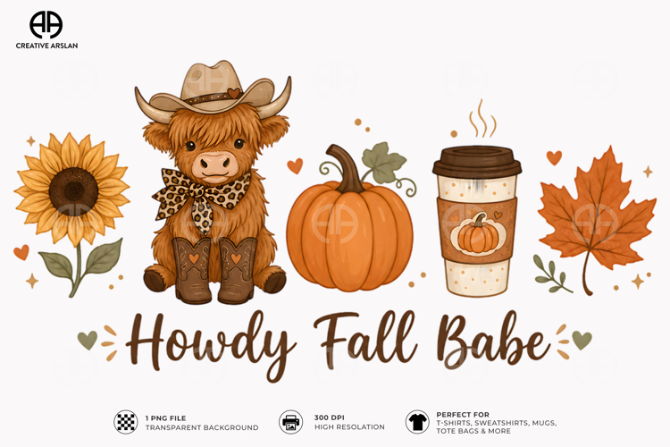 Howdy Fall Baby Highland Cow PNG | Autumn T-Shirt Design