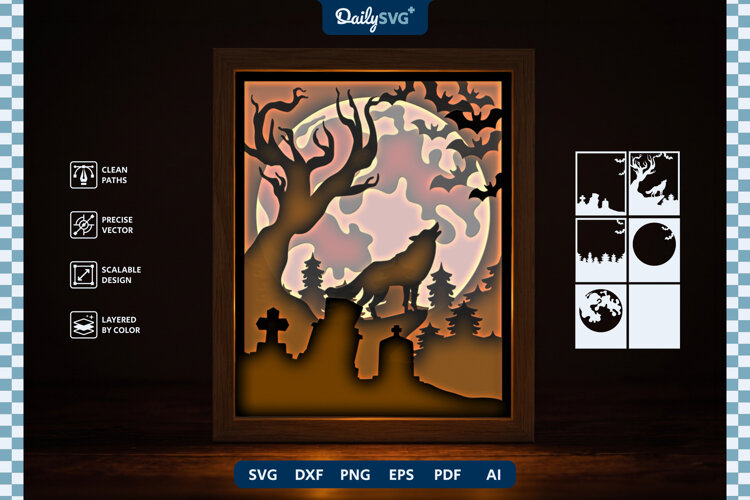 Halloween Moon Shadow Box SVG Spooky Night Layered example image 1