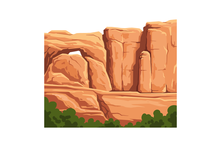 Red rock formations with green bushes natural landscape vect