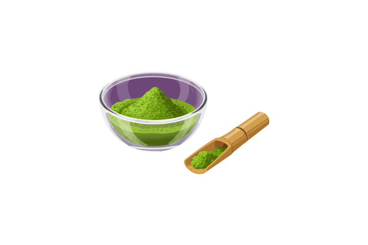 Matcha green tea powder in glass bowl with bamboo scoop natu
