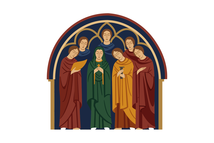 Group of medieval monks in colorful robes standing in arched