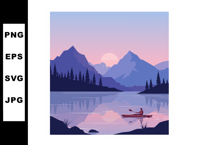 Mountain lake landscape with kayaker and sunset reflection i