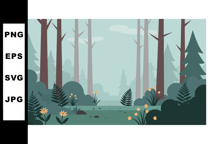 Forest landscape with tall trees green plants and yellow flo
