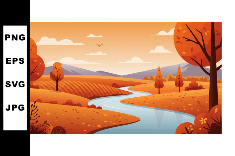 Autumn landscape with river and orange trees in nature scene
