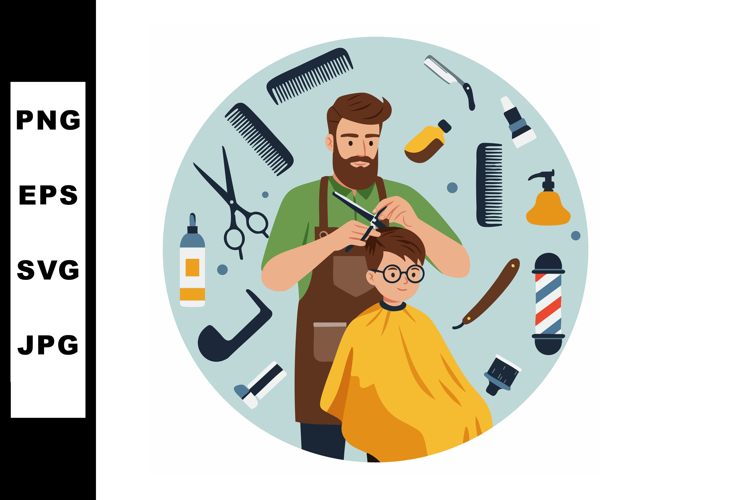 Barber cutting boy hair with barber tools around hairdresser