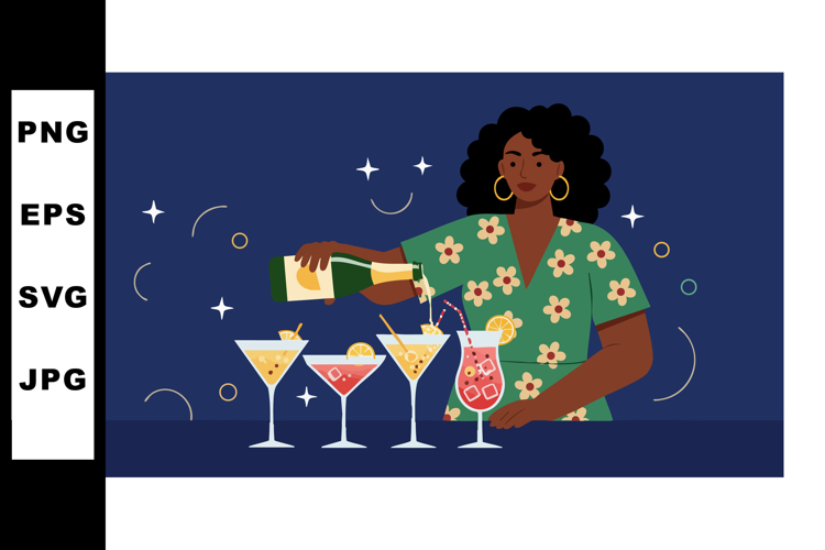 Woman pouring cocktails in colorful glasses at nighttime par
