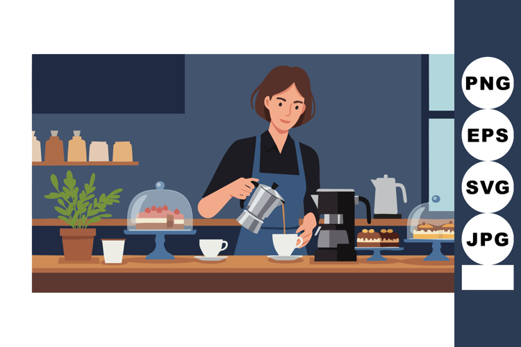 Woman Preparing Coffee in Modern Kitchen with Pastries and P