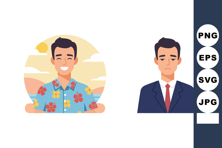 Happy man in floral shirt and sad man in suit emotional cont
