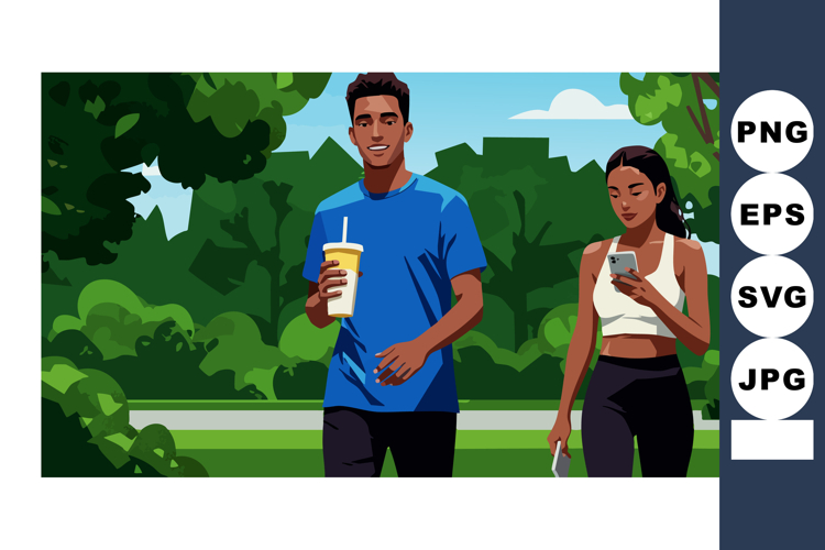 Young man and woman walking outdoors with drink and phone in