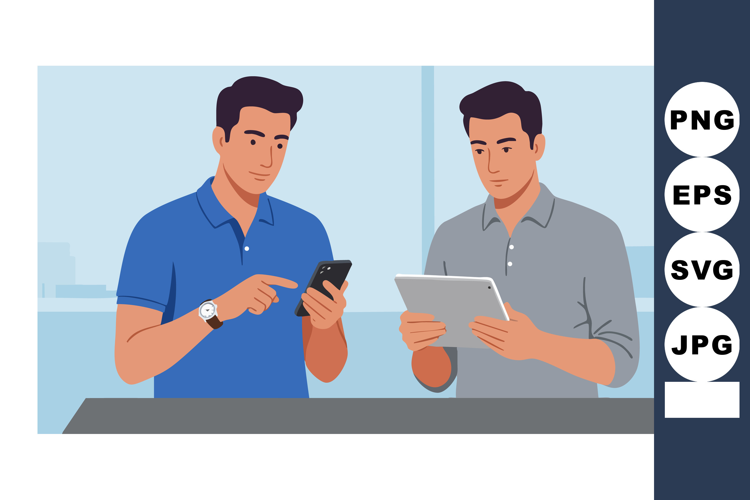Two Men Using Mobile Phone and Tablet for Work Collaboration