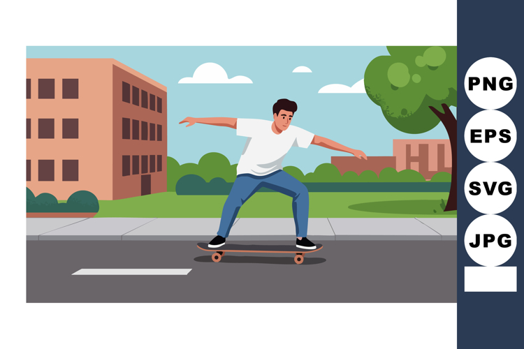 Young man skateboarding on urban street near buildings and t