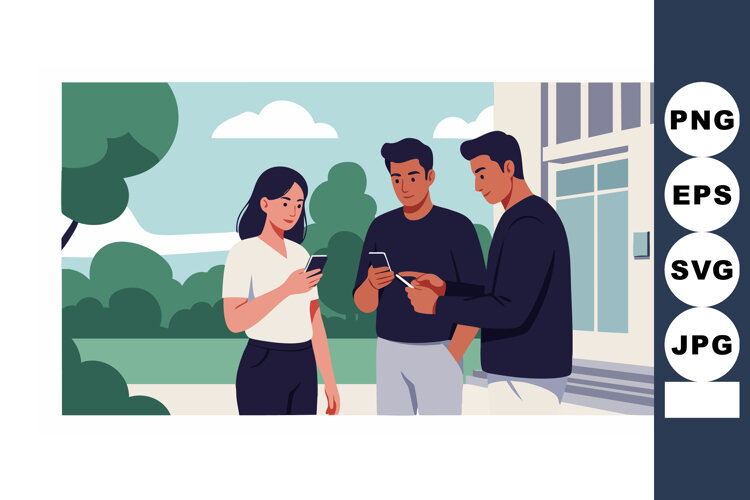 Young adults socializing outdoors using smartphones in urban example image 1