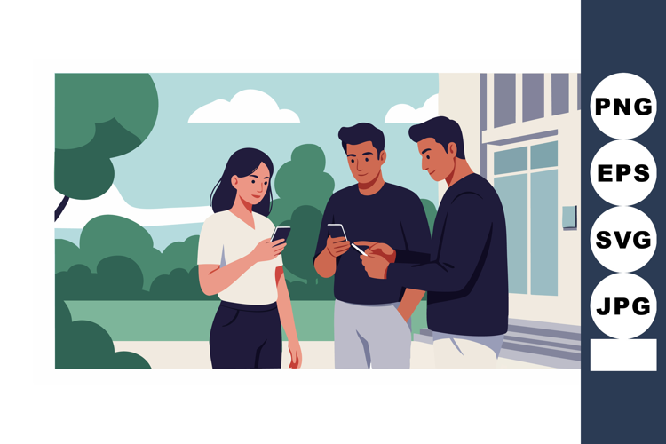 Young adults socializing outdoors using smartphones in urban