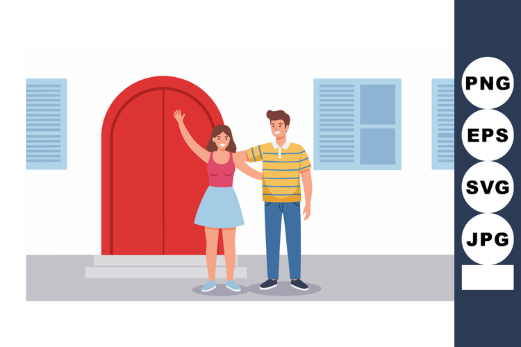 Young couple standing by red door with blue shutters vector
