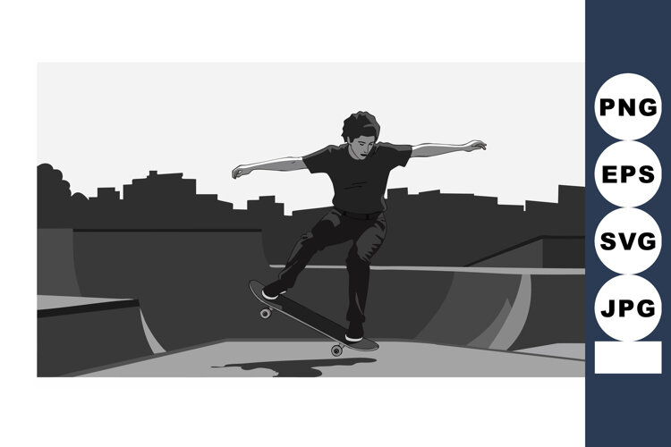 Skateboarder performing trick at urban skatepark with city s example image 1