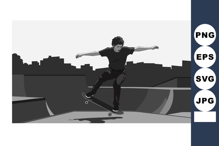 Skateboarder performing trick at urban skatepark with city s