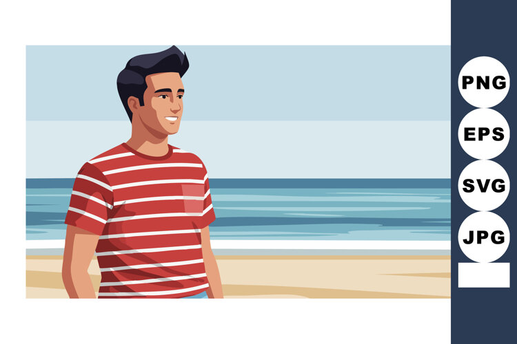 Young man smiling by the beach wearing red striped shirt sea example image 1
