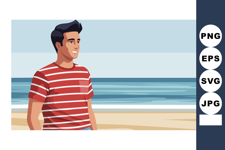 Young man smiling by the beach wearing red striped shirt sea