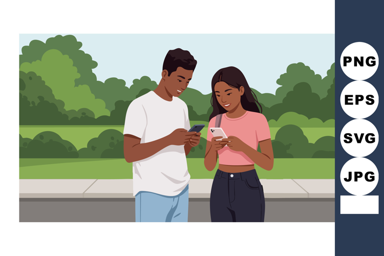 Young couple using smartphones together outdoors in casual c