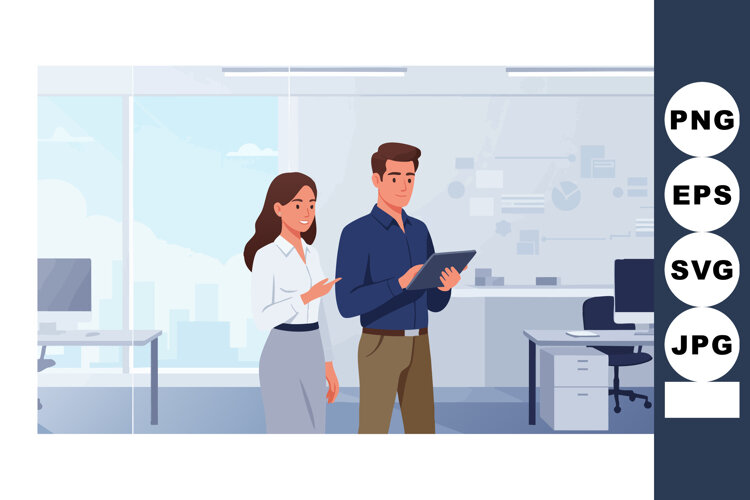 Businessman and businesswoman collaborating on digital table example image 1