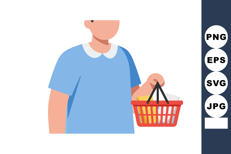 Person Holding Red Shopping Basket in Blue Shirt Casual Styl