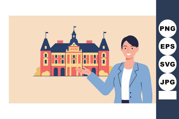 Woman presenting historic castle building vector illustratio