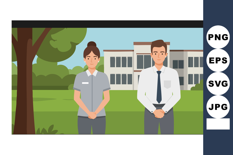 Businessman and businesswoman standing in front of office bu
