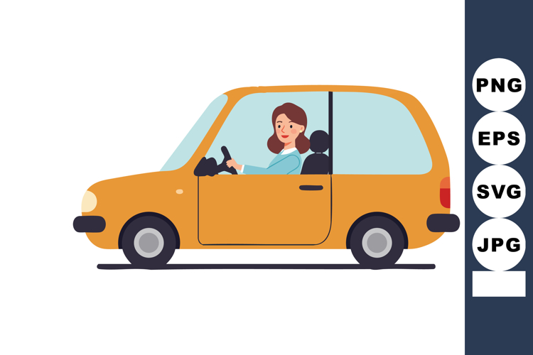 Woman driving small orange car vector illustration with happ