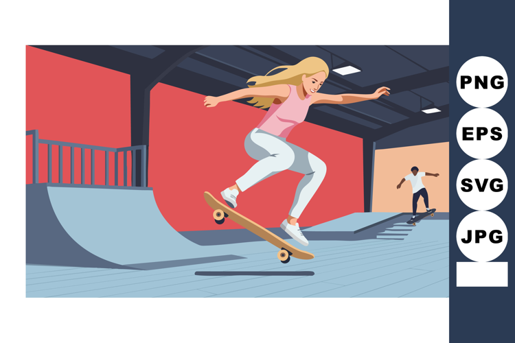 Skateboarder performing jump at indoor skatepark with ramp a