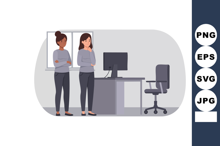 Two businesswomen standing near desk with computer in office