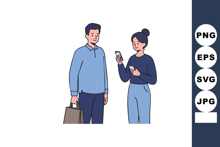 Young man and woman talking with mobile phone in casual clot