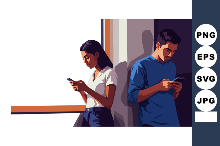 Young man and woman using smartphones back to back indoors i